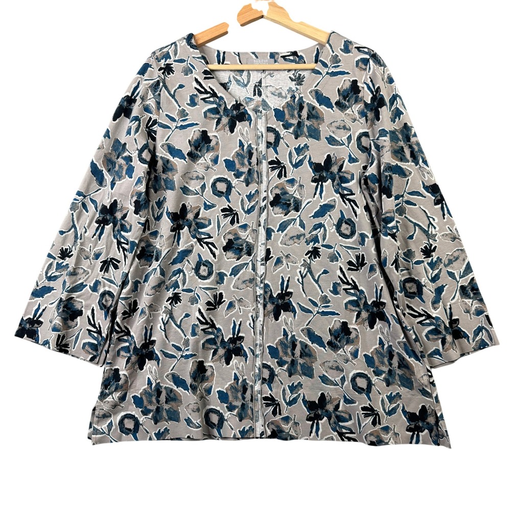 Habitat Clothes To Live In Womens Medium Floral 3/4 Sleeve 100% Cotton Top Gray